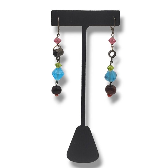 Brass Tone Dangle Drop Long Earrings Mixed Bead Leverback Boho - Picture 4 of 6